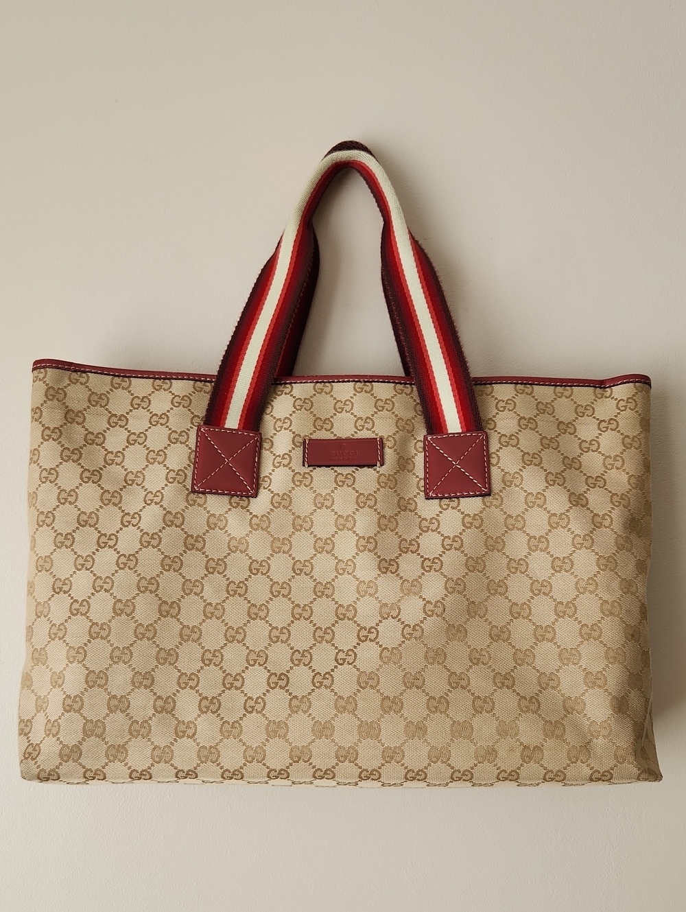 Gucci Monogram Canvas Travel/Laptop Tote with Dark Red Trim and Striped Handles